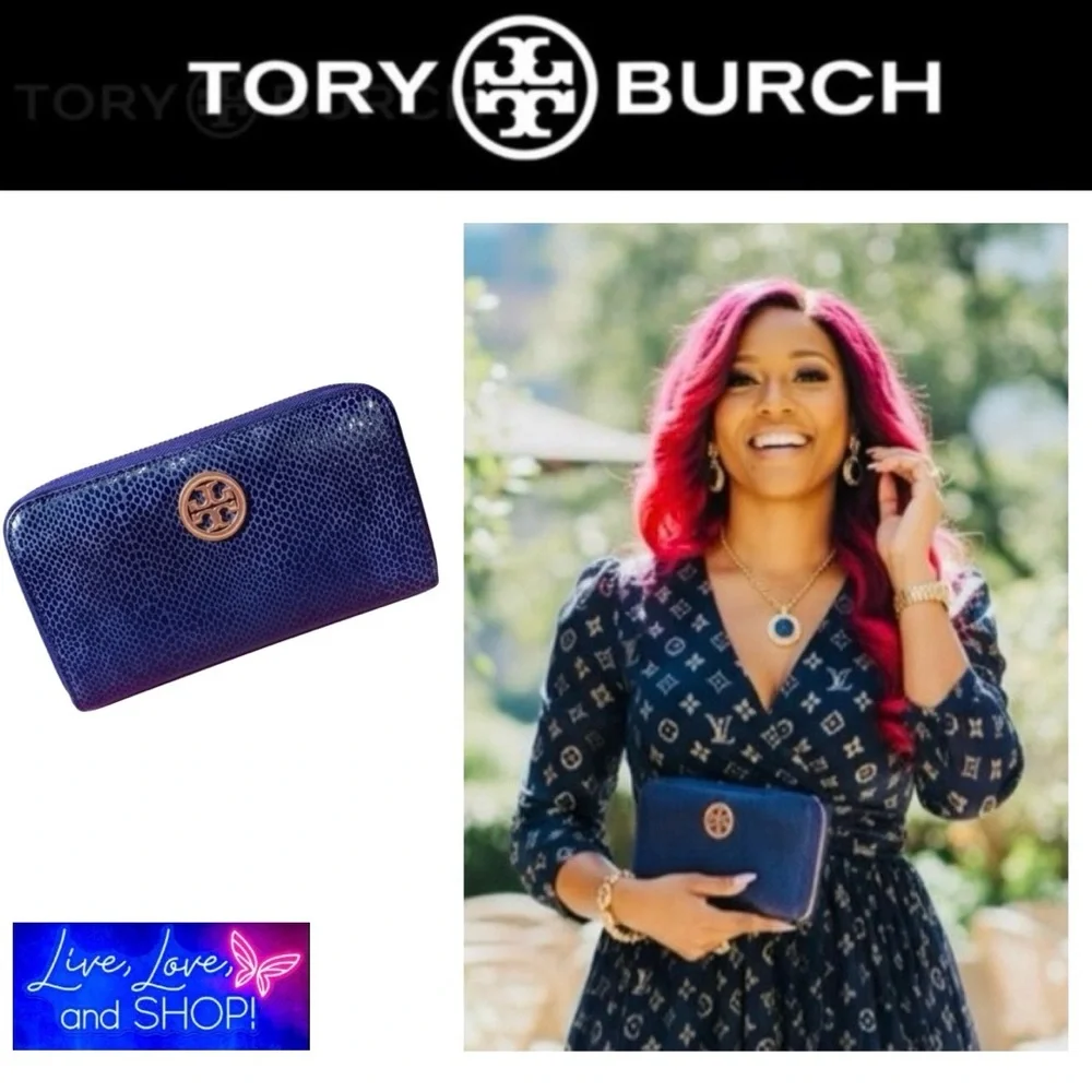TORY BURCH Python Snakeskin Leather Full Zip Continental Long Wallet, EUC